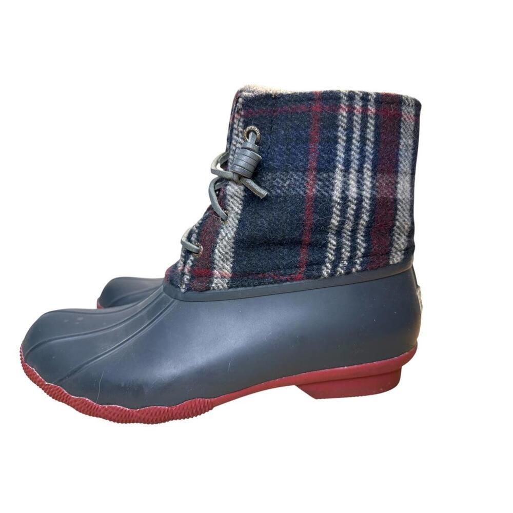 ****Sperry Saltwater Duck Boots Women's Sz 7.5 Navy Blue Red Plaid Wool